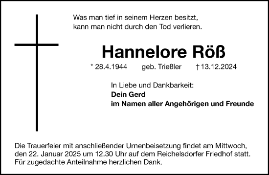 Traueranzeige von Hannelore Röß von Gesamtausgabe Nürnberger Nachrichten/ Nürnberger Ztg.