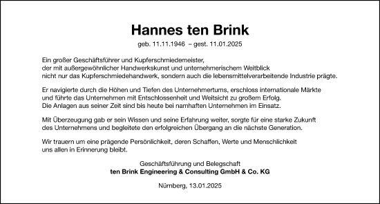 Traueranzeige von Hannes ten Brink von Gesamtausgabe Nürnberger Nachrichten/ Nürnberger Ztg.