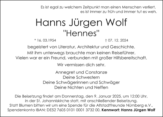Traueranzeige von Hanns Jürgen Wolf von Gesamtausgabe Nürnberger Nachrichten/ Nürnberger Ztg.