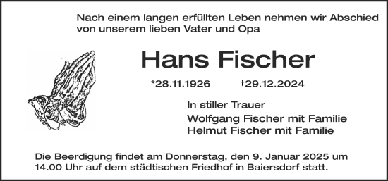 Traueranzeige von Hans Fischer von Erlanger Nachrichten Lokal