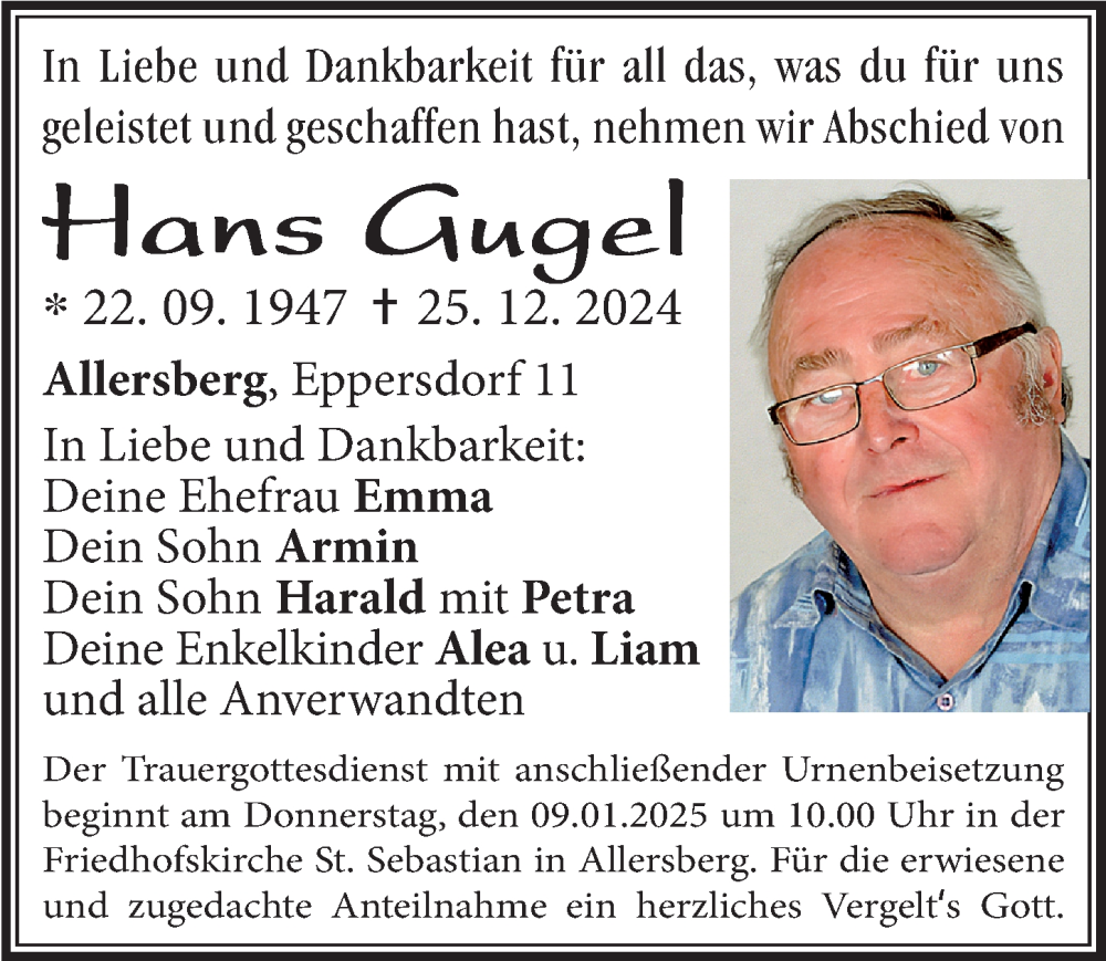  Traueranzeige für Hans Gugel vom 04.01.2025 aus Roth-Hilpoltsteiner Volkszeitung Lokal