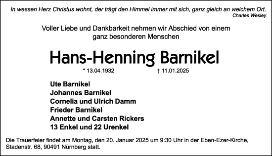 Traueranzeige von Hans-Henning Barnikel von Gesamtausgabe Nürnberger Nachrichten/ Nürnberger Ztg.