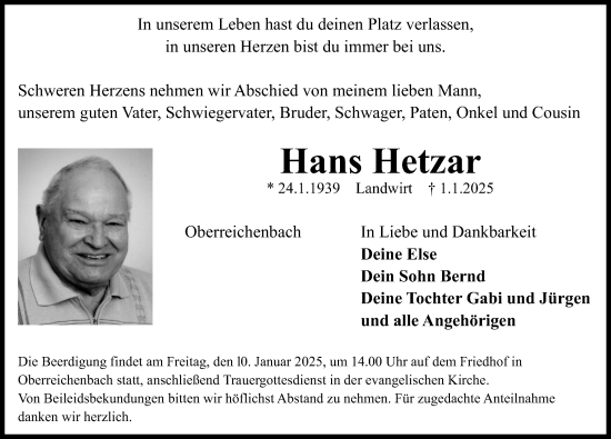 Traueranzeige von Hans Hetzar von Nordbayerische Nachrichten Herzogenaurach Lokal