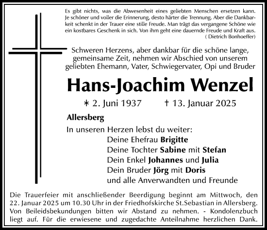 Traueranzeige von Hans-Joachim Wenzel von Roth-Hilpoltsteiner Volkszeitung Lokal