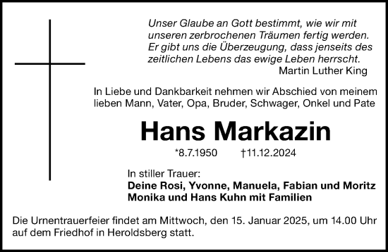 Traueranzeige von Hans Markazin von Gesamtausgabe Nürnberger Nachrichten/ Nürnberger Ztg.