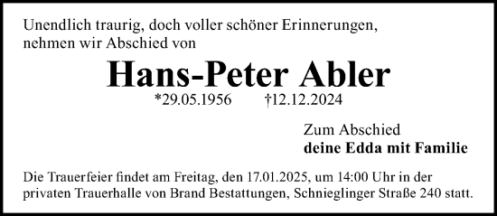 Traueranzeige von Hans-Peter Abler von Gesamtausgabe Nürnberger Nachrichten/ Nürnberger Ztg.