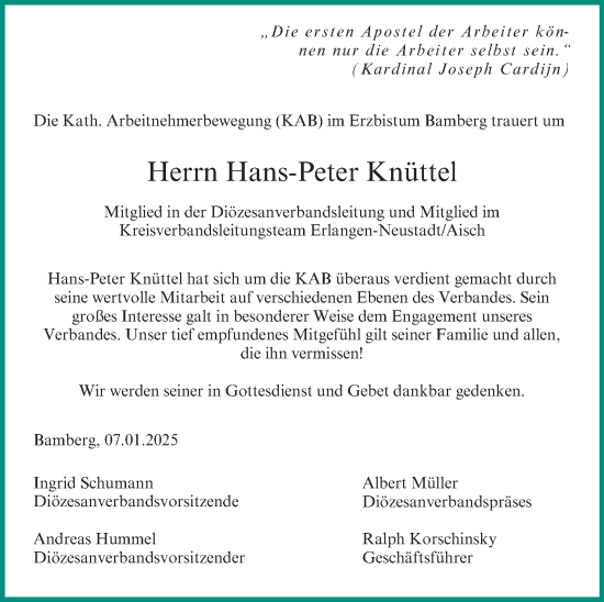 Traueranzeige von Hans-Peter Knüttel von Erlanger Nachrichten Lokal