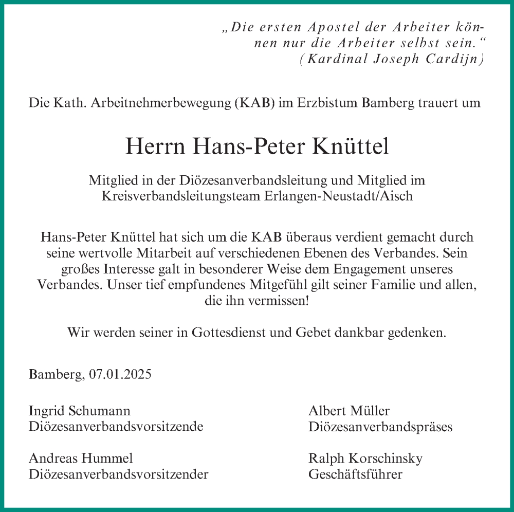  Traueranzeige für Hans-Peter Knüttel vom 09.01.2025 aus Erlanger Nachrichten Lokal