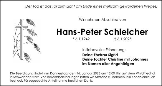 Traueranzeige von Hans-Peter Schleicher von Schwabacher Tagblatt Lokal