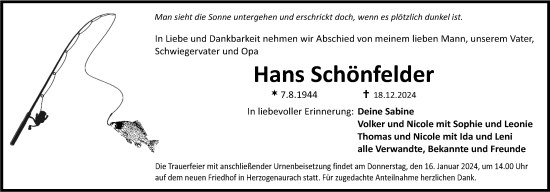 Traueranzeige von Hans Schönfelder von Nordbayerische Nachrichten Herzogenaurach Lokal