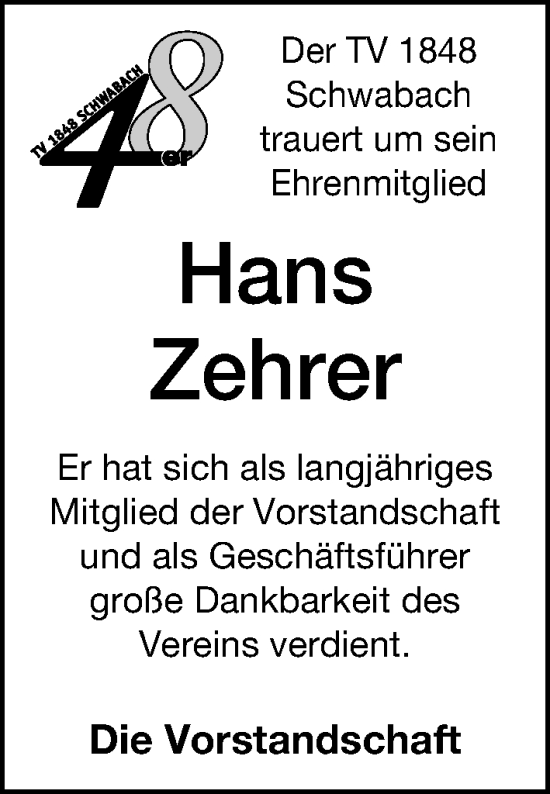 Traueranzeige von Hans Zehrer von Schwabacher Tagblatt Lokal