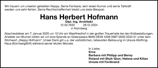 Traueranzeige von Hans Herbert Hofmann von Gesamtausgabe Nürnberger Nachrichten/ Nürnberger Ztg.