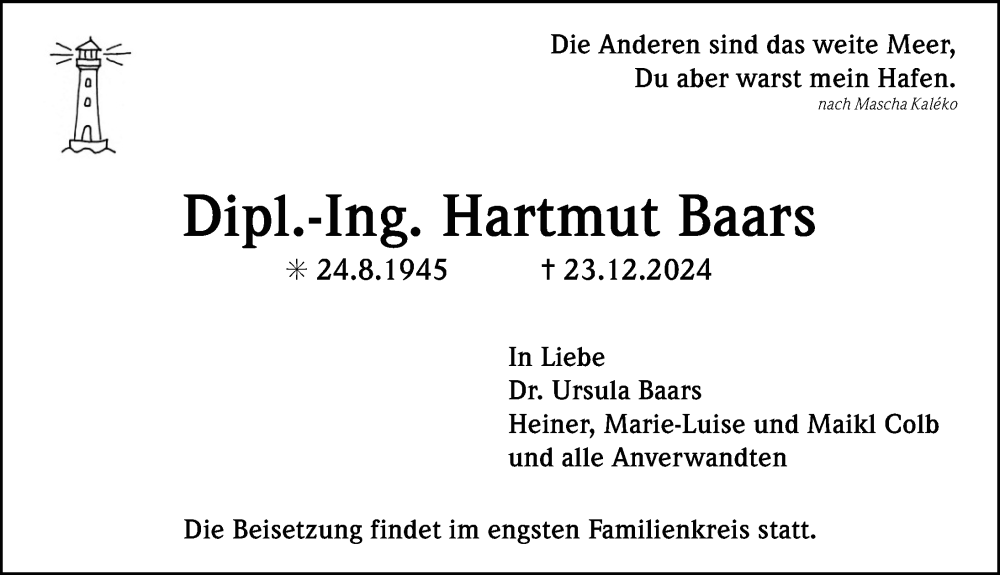  Traueranzeige für Hartmut Baars vom 04.01.2025 aus Erlanger Nachrichten Lokal