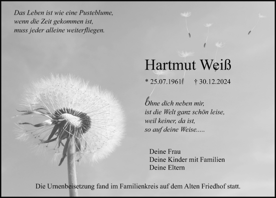 Traueranzeige von Hartmut Weiß von Altmühl-Bote Lokal