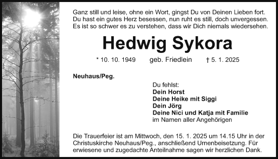 Traueranzeige von Hedwig Sykora von Nordbayerische Nachrichten Pegnitz Lokal