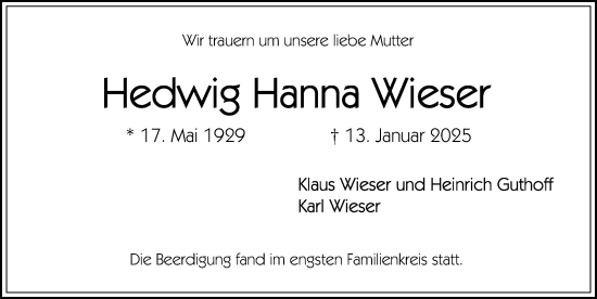 Traueranzeige von Hedwig Hanna Wieser von Gesamtausgabe Nürnberger Nachrichten/ Nürnberger Ztg.