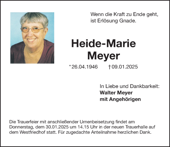 Traueranzeige von Heide-Marie Meyer von Gesamtausgabe Nürnberger Nachrichten/ Nürnberger Ztg.