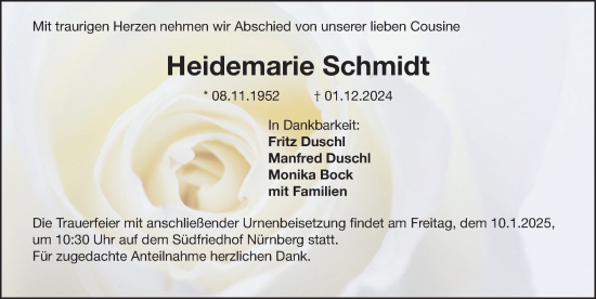 Traueranzeige von Heidemarie Schmidt von Gesamtausgabe Nürnberger Nachrichten/ Nürnberger Ztg.