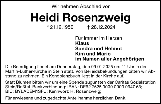 Traueranzeige von Heidi Rosenzweig von Gesamtausgabe Nürnberger Nachrichten/ Nürnberger Ztg.