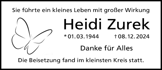 Traueranzeige von Heidi Zurek von Altmühl-Bote Lokal