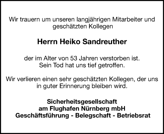 Traueranzeige von Heiko Sandreuther von Gesamtausgabe Nürnberger Nachrichten/ Nürnberger Ztg.