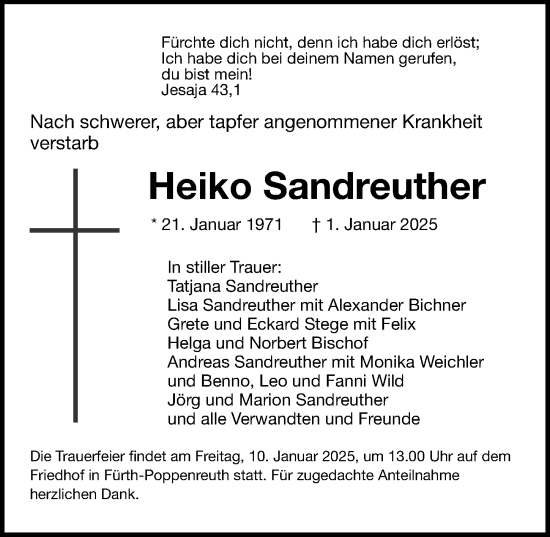 Traueranzeige von Heiko Sandreuther von Fürther Nachrichten Lokal