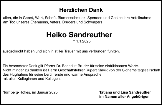 Traueranzeige von Heiko Sandreuther von Gesamtausgabe Nürnberger Nachrichten/ Nürnberger Ztg.