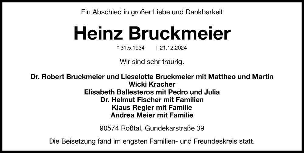  Traueranzeige für Heinz Bruckmeier vom 01.02.2025 aus Fürther Nachrichten Lokal