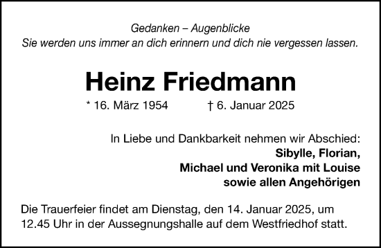 Traueranzeige von Heinz Friedmann von Gesamtausgabe Nürnberger Nachrichten/ Nürnberger Ztg.