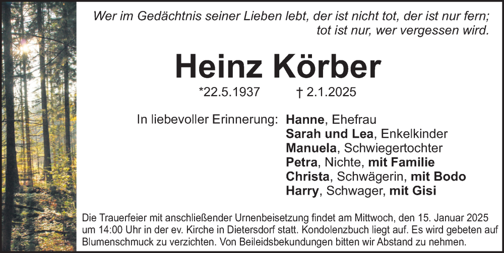  Traueranzeige für Heinz Körber vom 11.01.2025 aus Schwabacher Tagblatt Lokal