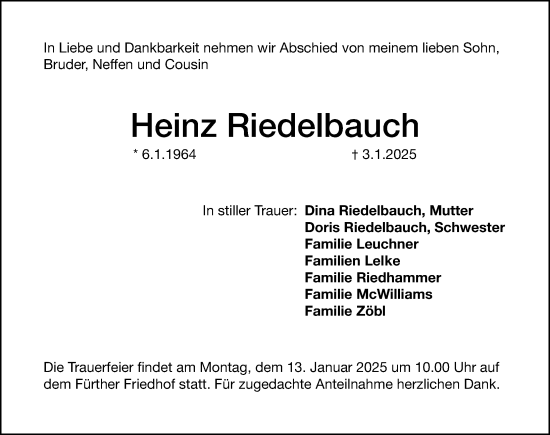 Traueranzeige von Heinz Riedelbauch von Fürther Nachrichten Lokal