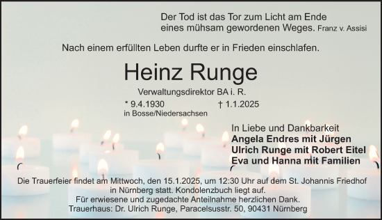 Traueranzeige von Heinz Runge von Gesamtausgabe Nürnberger Nachrichten/ Nürnberger Ztg.