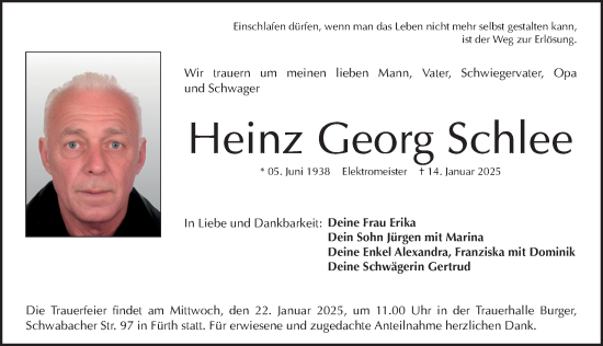 Traueranzeige von Heinz Georg Schlee von Fürther Nachrichten Lokal
