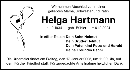 Traueranzeige von Helga Hartmann von Fürther Nachrichten Lokal