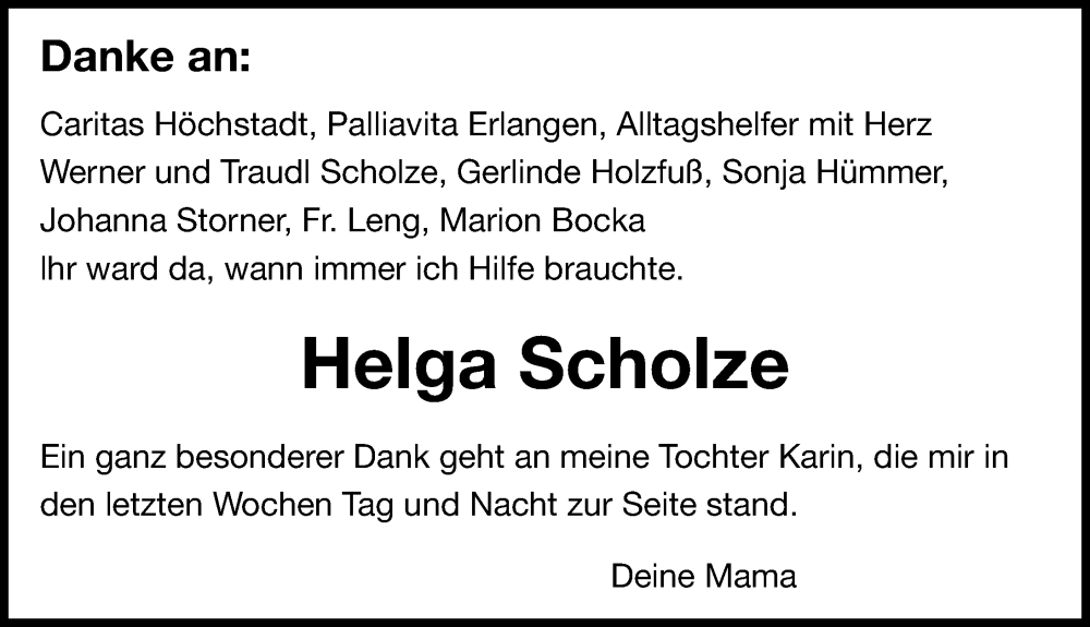  Traueranzeige für Helga Scholze vom 15.01.2025 aus Nordbayerische Nachrichten Herzogenaurach Lokal