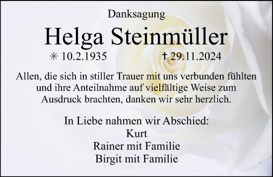 Traueranzeige von Helga Steinmüller von Erlanger Nachrichten Lokal