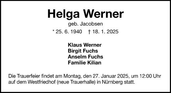 Traueranzeige von Helga Werner von Gesamtausgabe Nürnberger Nachrichten/ Nürnberger Ztg.