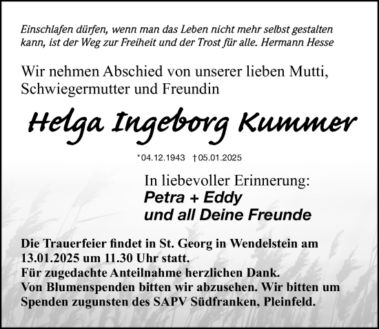 Traueranzeige von Helga Ingeborg Kummer von Gesamtausgabe Nürnberger Nachrichten/ Nürnberger Ztg.