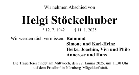 Traueranzeige von Helgi Stöckelhuber von Gesamtausgabe Nürnberger Nachrichten/ Nürnberger Ztg.