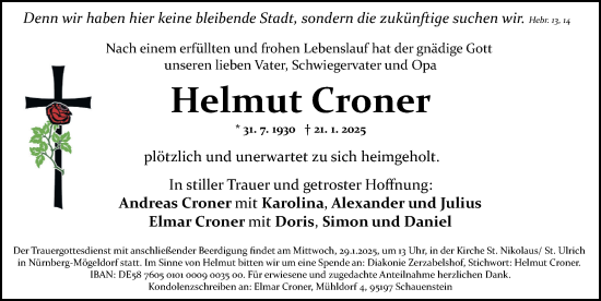 Traueranzeige von Helmut Croner von Gesamtausgabe Nürnberger Nachrichten/ Nürnberger Ztg.