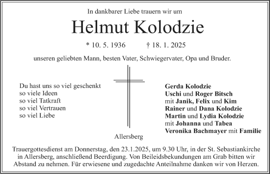 Traueranzeige von Helmut Kolodzie von Roth-Hilpoltsteiner Volkszeitung Lokal