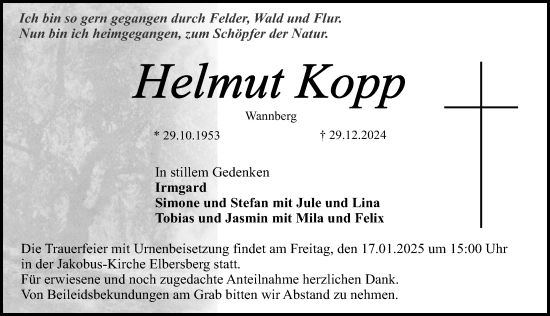 Traueranzeige von Helmut Kopp von Nordbayerische Nachrichten Pegnitz Lokal