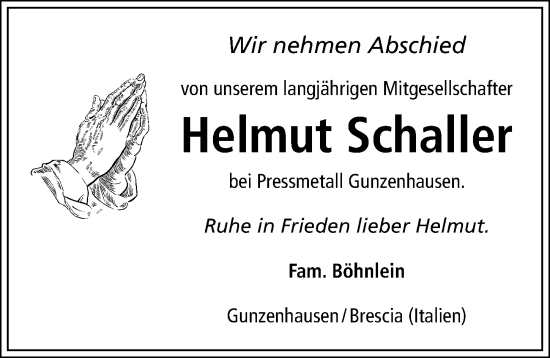 Traueranzeige von Helmut Schaller von Altmühl-Bote Lokal