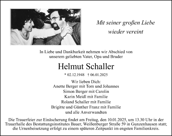 Traueranzeige von Helmut Schaller von Altmühl-Bote Lokal