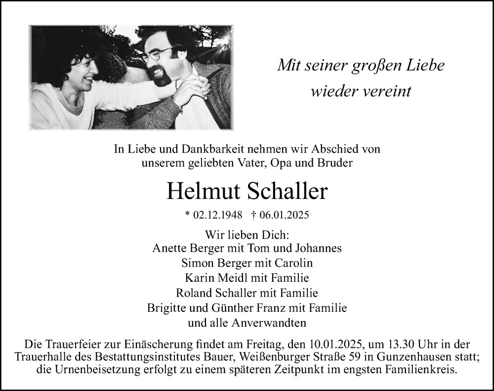  Traueranzeige für Helmut Schaller vom 08.01.2025 aus Altmühl-Bote Lokal