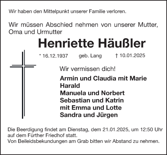 Traueranzeige von Henriette Häußler von Fürther Nachrichten Lokal