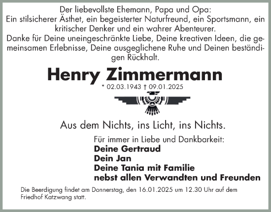 Traueranzeige von Henry Zimmermann von Gesamtausgabe Nürnberger Nachrichten/ Nürnberger Ztg.