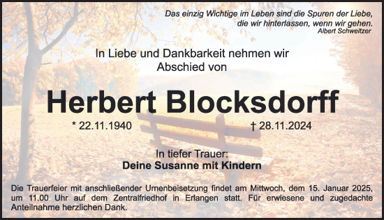 Traueranzeige von Herbert Blocksdorff von Erlanger Nachrichten Lokal