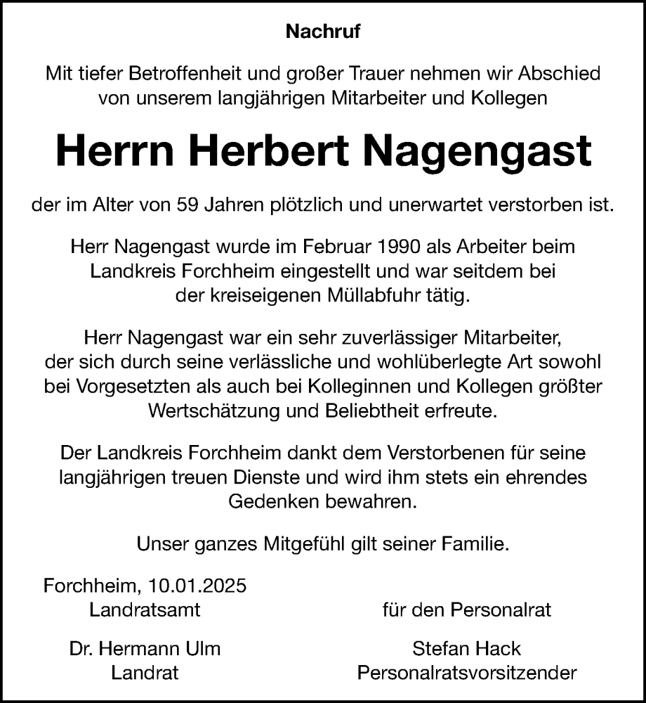  Traueranzeige für Herbert Nagengast vom 18.01.2025 aus Nordbayerische Nachrichten Forchheim Lokal