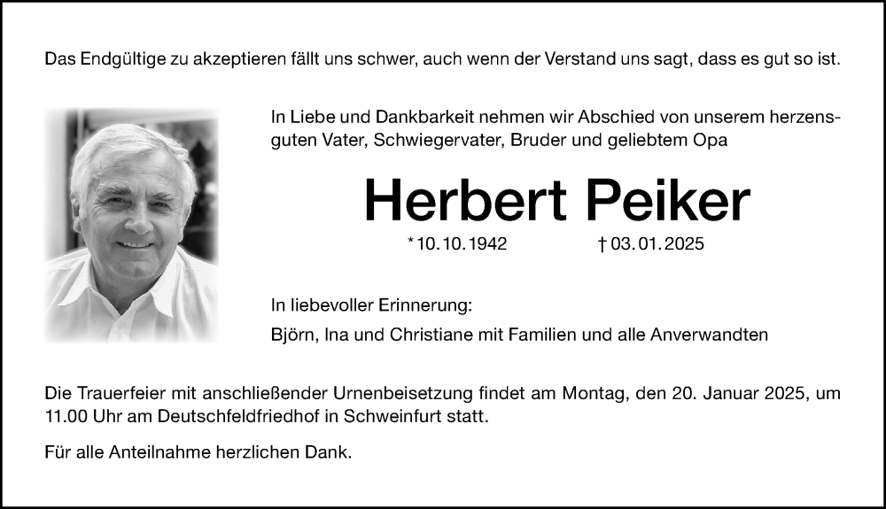  Traueranzeige für Herbert Peiker vom 11.01.2025 aus Altmühl-Bote Lokal